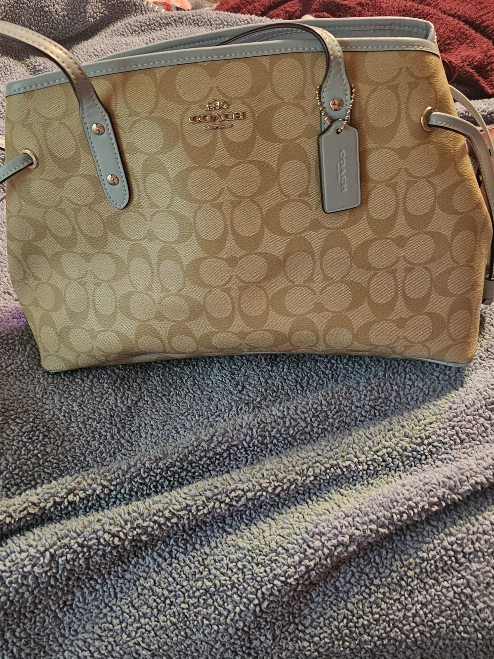 Coach Signature Canvas Tote in Tan with Light Blue Trim